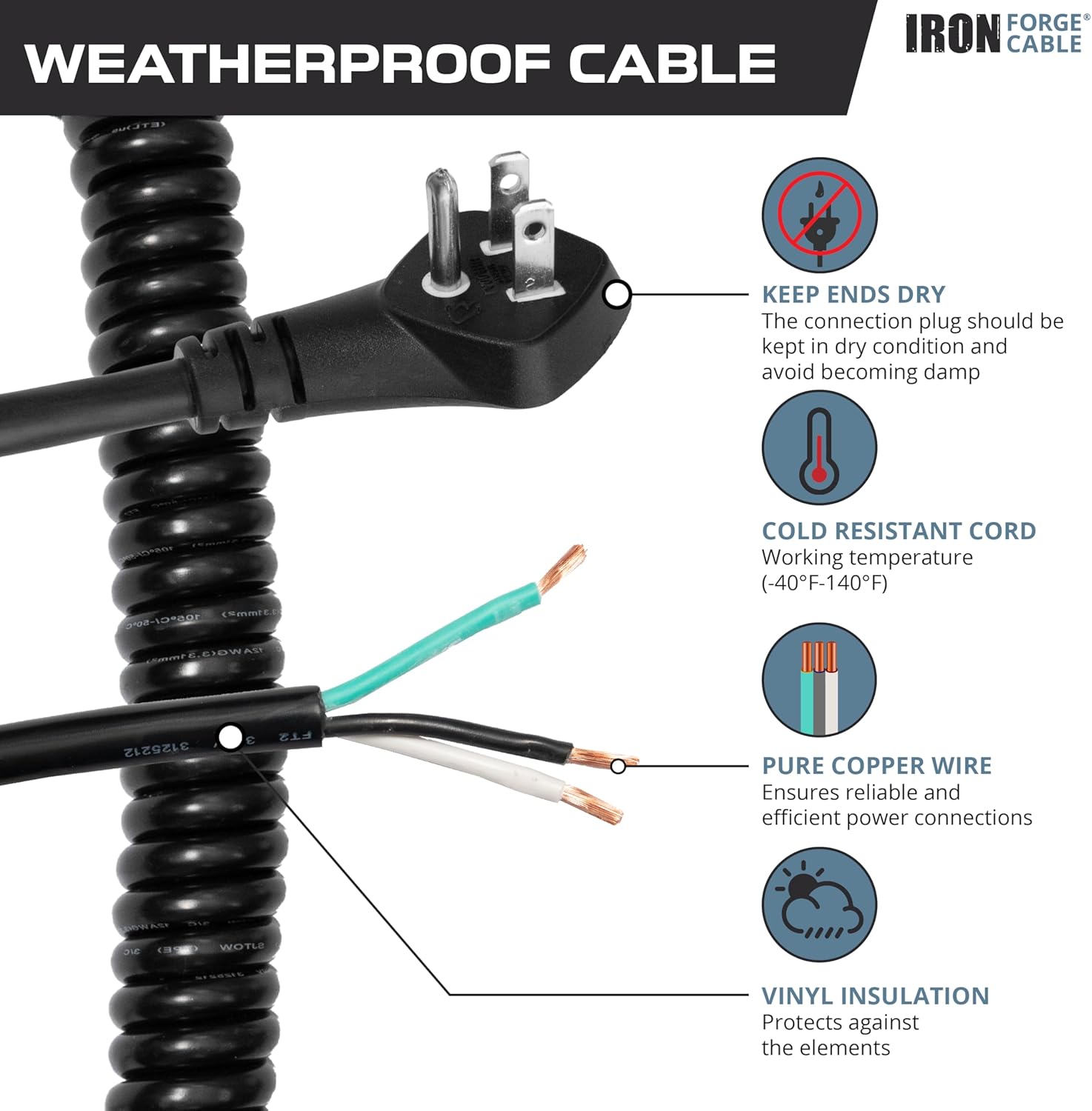 Iron Forge Cable 15 Amp Replacement Coiled Extension Cord 8 ft - SJEOW Oil Resistant & Flat Plug 3 Prong, 14 Gauge Coiled Cord for Outdoor & Indoor
