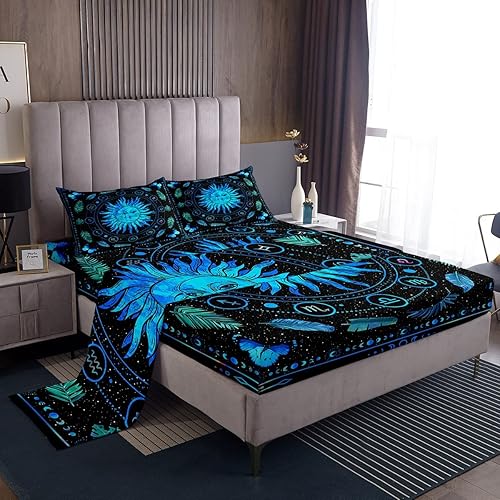 Erosebridal Juego de sábanas Sun and Moon Queen de bohemio azul Tie Dye con doce constelaciones, juego de sábanas zodiacales y fundas de almohada,