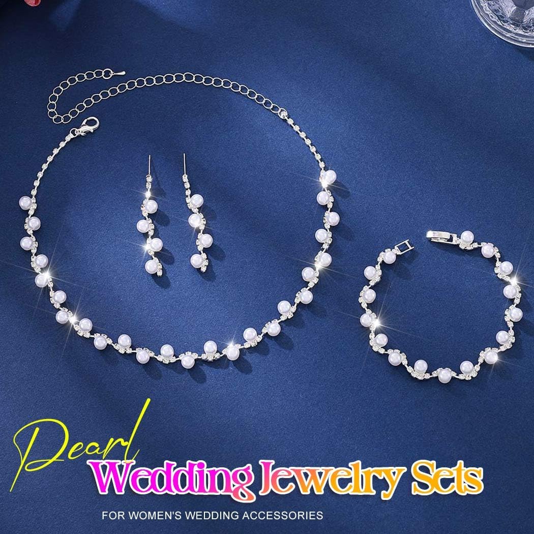 Aukmla Pearl Wedding Jewelry Sets Silver Rhinetsone Choker Necklace and Earring Bracelet Set Prom Jewelry for Brides and Women
