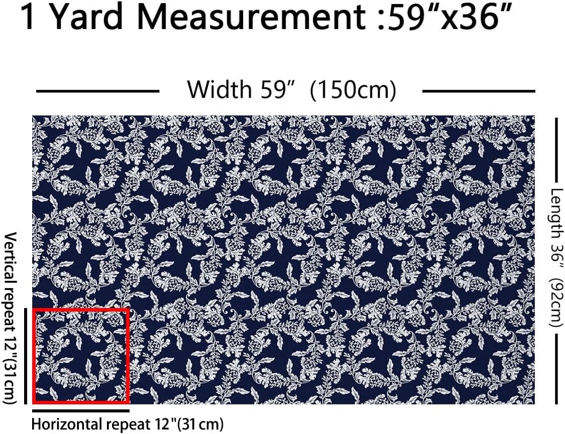 Navy Blue Fabric by The Yard, Floral Upholstery Fabric, Japanese Style Decorative Fabric for Quilting Sewing Clothing, Chic Leaves Botanical Fabric, DIY Craft Patchwork, Blue White, 5 Yards