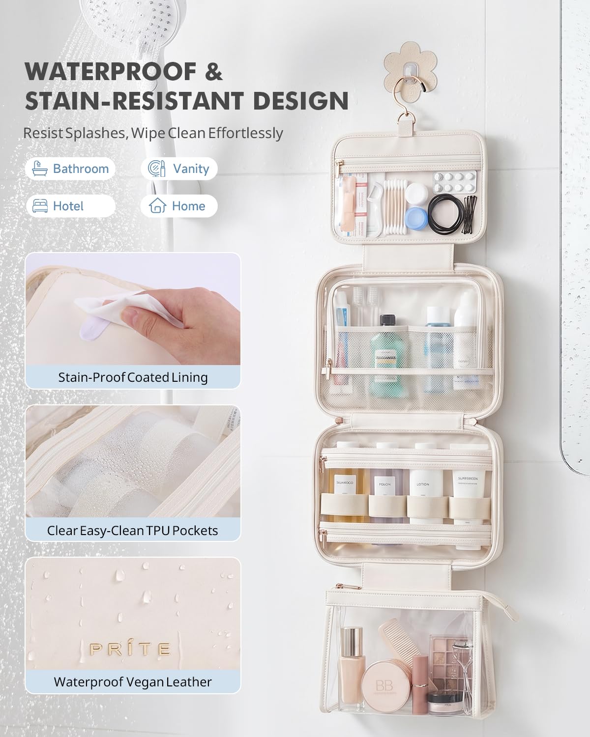 Prite Reise Kulturtasche Damen zum Aufhängen mit Schmuckfach, Beige, L | Kosmetiktasche,Kulturbeutel,Abnehmbare TSA-konforme Tasche,Zwei Größen,Faltbare,Veganes Leder,Wasserfeste TPU-Innenfutter
