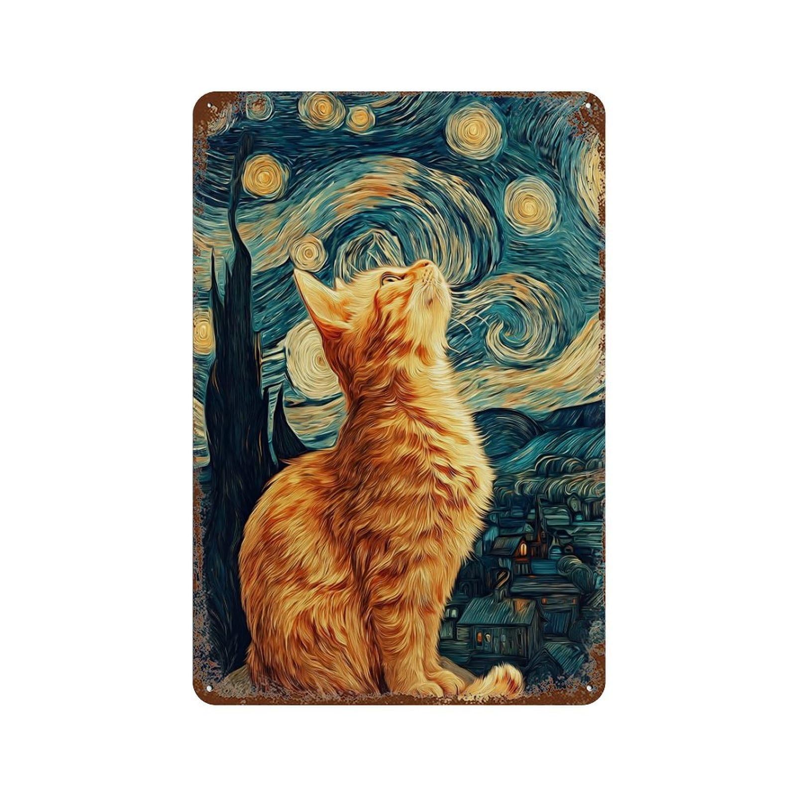Starry Night Cat Art Print -17 Rusty Metal Tin Sign 11.8"x7.9", for Pub, Kitchen And Man Cave Decor, Farmhouse Wall Decor