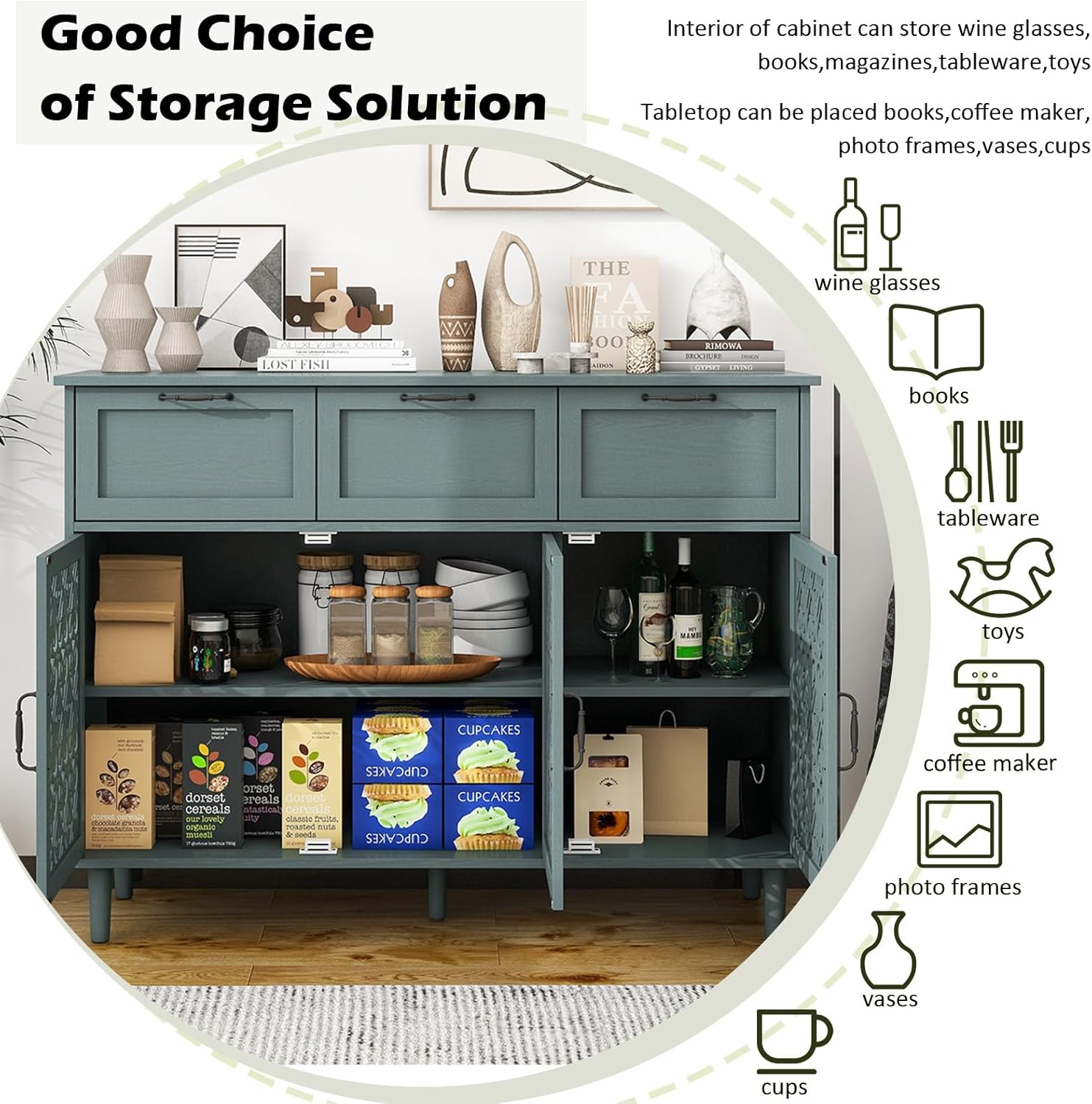 Sideboard Buffet Cabinet, American Farmhouse Green 3 Door 3 Drawer Storage Credenza, Hollow Carved, Living Room Entryway Kitchen Dining Room Console Table, Home Furniture Decor