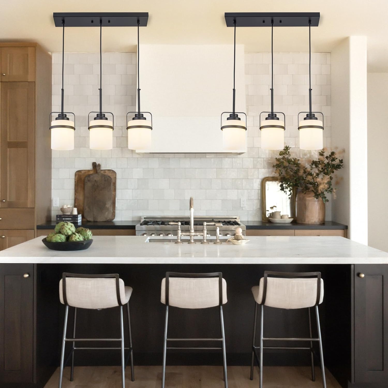 Black 3-Light Pendant Lighting, Adjustable Hanging Light Fixture with Milk Glass Shade, Modern Pendant Light for Kitchen Island Dining Room Bar Over Sink/Table/Counter