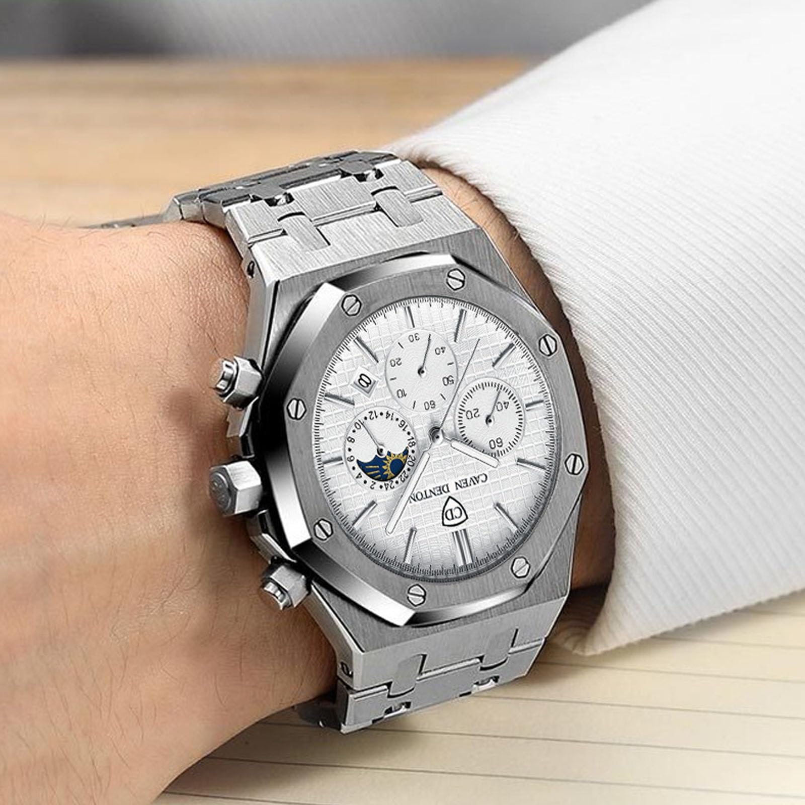 Orologio da uomo di lusso, ottagonale, classico, da lavoro, con datario, impermeabile, analogico, al quarzo, cinturino in acciaio inox, strumento di regolazione incluso