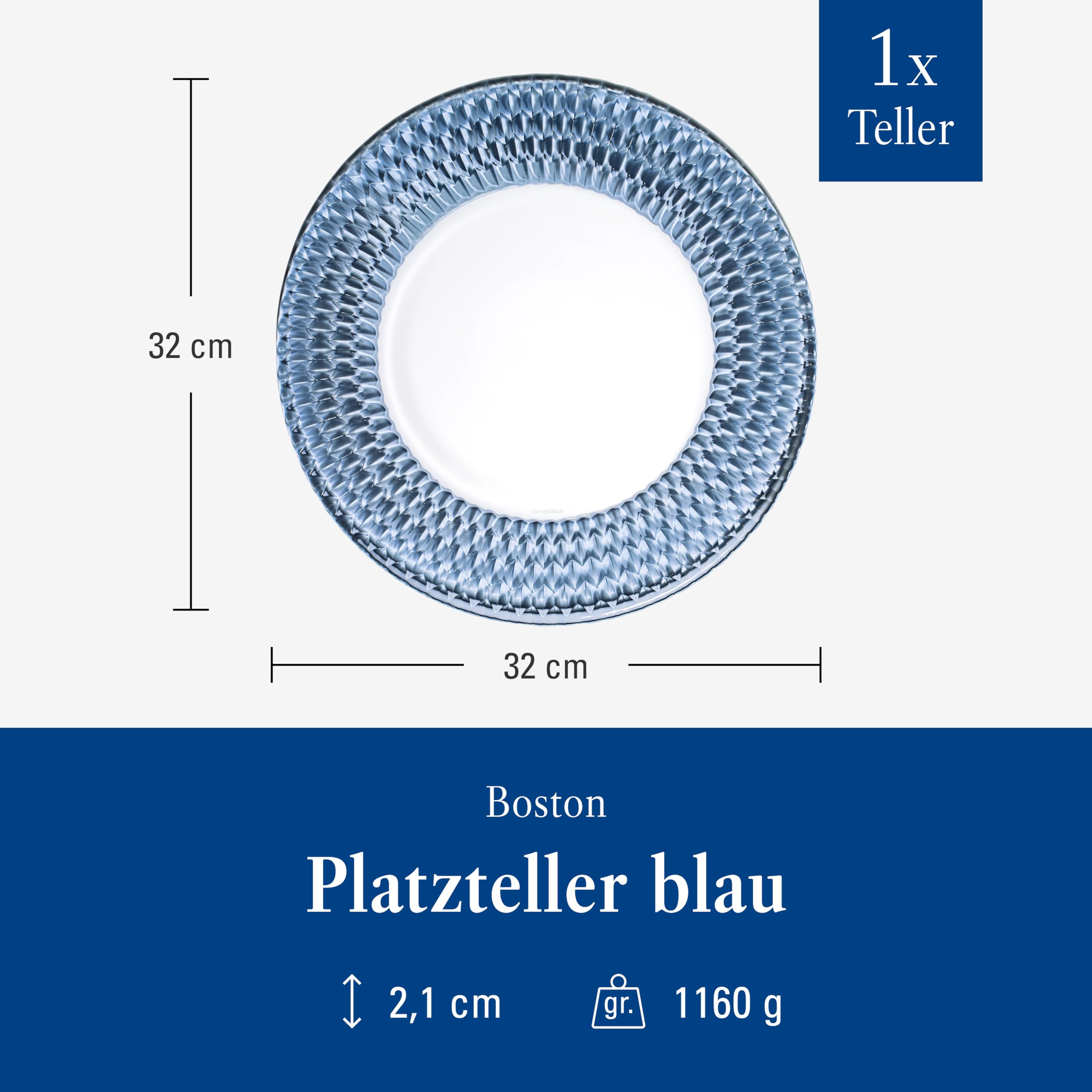 Villeroy & Boch - Boston Platzteller 32 cm Blau, Spülmaschinenfest, Servierteller, Speiseteller, Teller Glas, Kristallglas