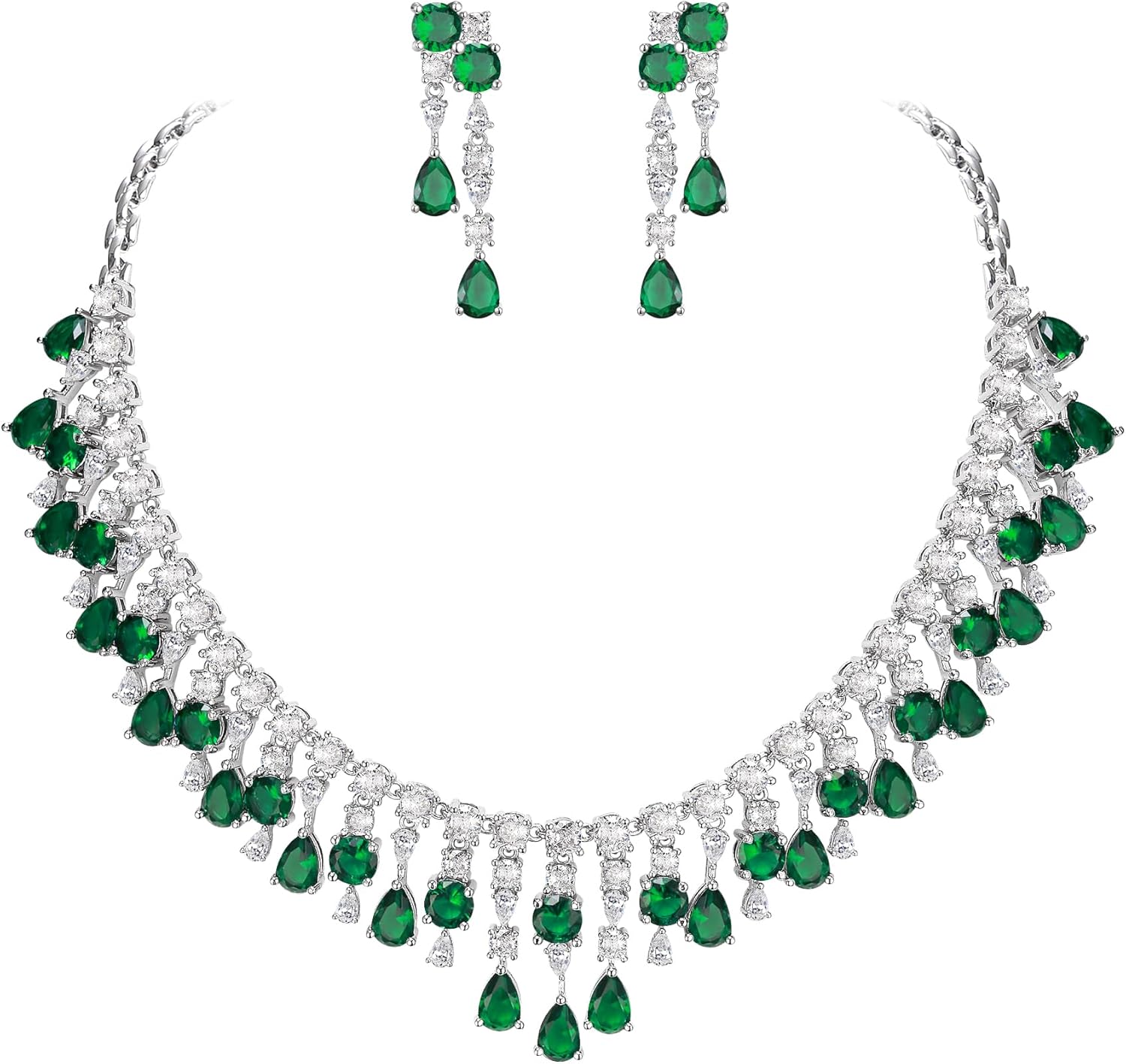 Crysdue Cubic Zirconia Prom Jewelry Set for Women Brides, Sparkle Birthstone Cluster Collar Statement Necklace Teardrop Dangle Earrings for Wedding Party