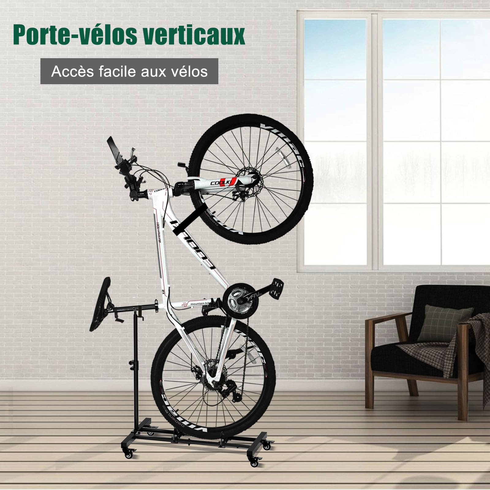 Mimoke Support vertical pour vélo - Support de sol pour vélo avec roues verrouillables, hauteur réglable, pour tous les types de vélos jusqu'à 4 pouces de largeur de pneu,