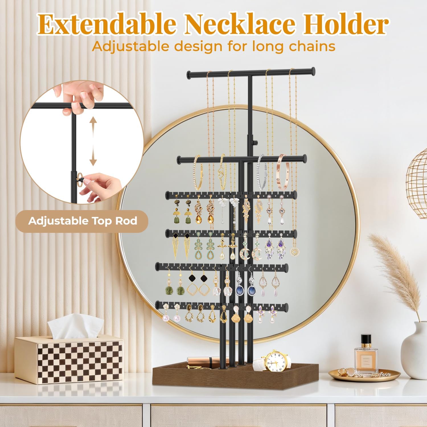 EsLuker.ly Necklace Earring Holder Organizer Display, Adjustable Jewelry Tree Stand with Stable Wooden Storage Base for Women Vendors, 6 Tier Large Bracelet Bangle Rack Tower, Stress-Free Mornings