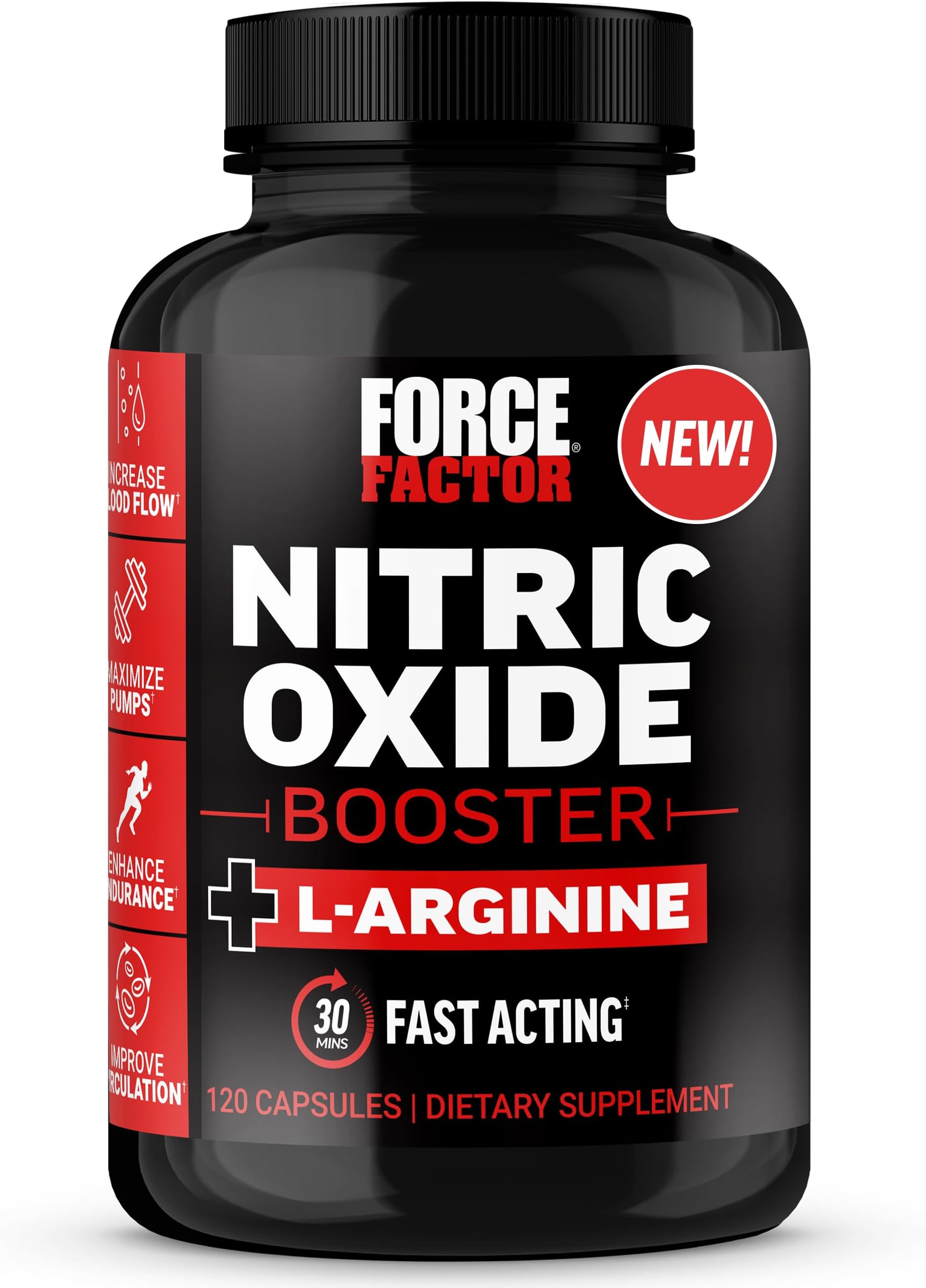 FORCE FACTOR Nitric Oxide Booster, Fast-Acting Formula with L-Arginine, Boosts Nitric Oxide Levels, Maximize Muscle Pumps, Enhance Endurance, Improve Circulation, 120 Capsules
