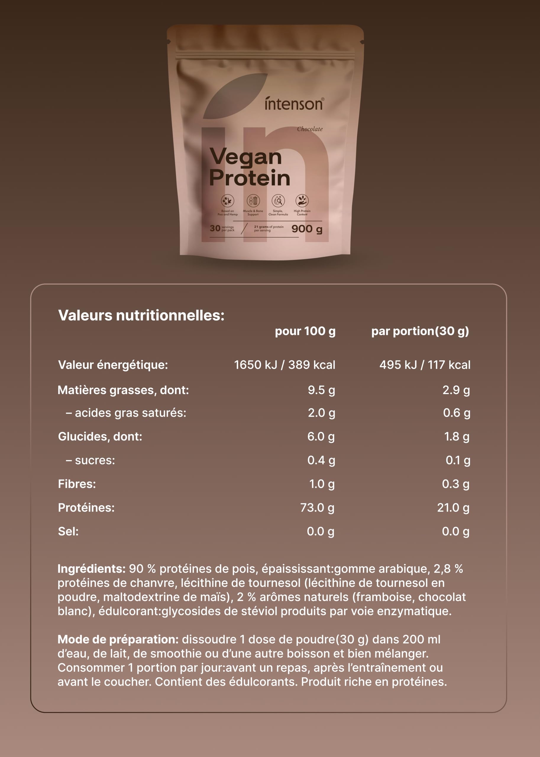 Intenson Vegan Protein Powder Chocolat, 900 g, 21 g de Protéines par Portion, 30 Portions, Mélange Pois & Chanvre, 100% Végétal, Sans Lactose, Sans Gluten, Sans Sucre, Formule Clean