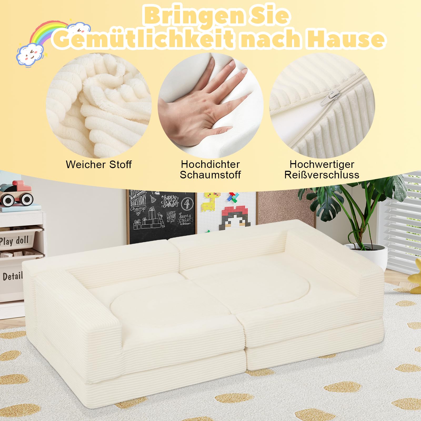 MeMoreCool Modulsofa 8-teilig Cord – Weiche Schaumstoff-Sitzlandschaft für Kinderzimmer & Wohnzimmer Flexibel anpassbar | Waschbare Bezüge | Kindersicheres Lounge-Sofa für Spielen & Entspannen, Beige