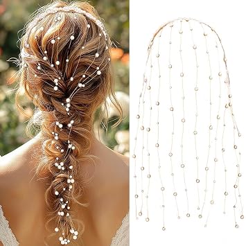 Formery Pearl Wedding Headband Gold Tassel Bridal Headpiece Braid Hair Extension Chain Accessories for Women and Girls