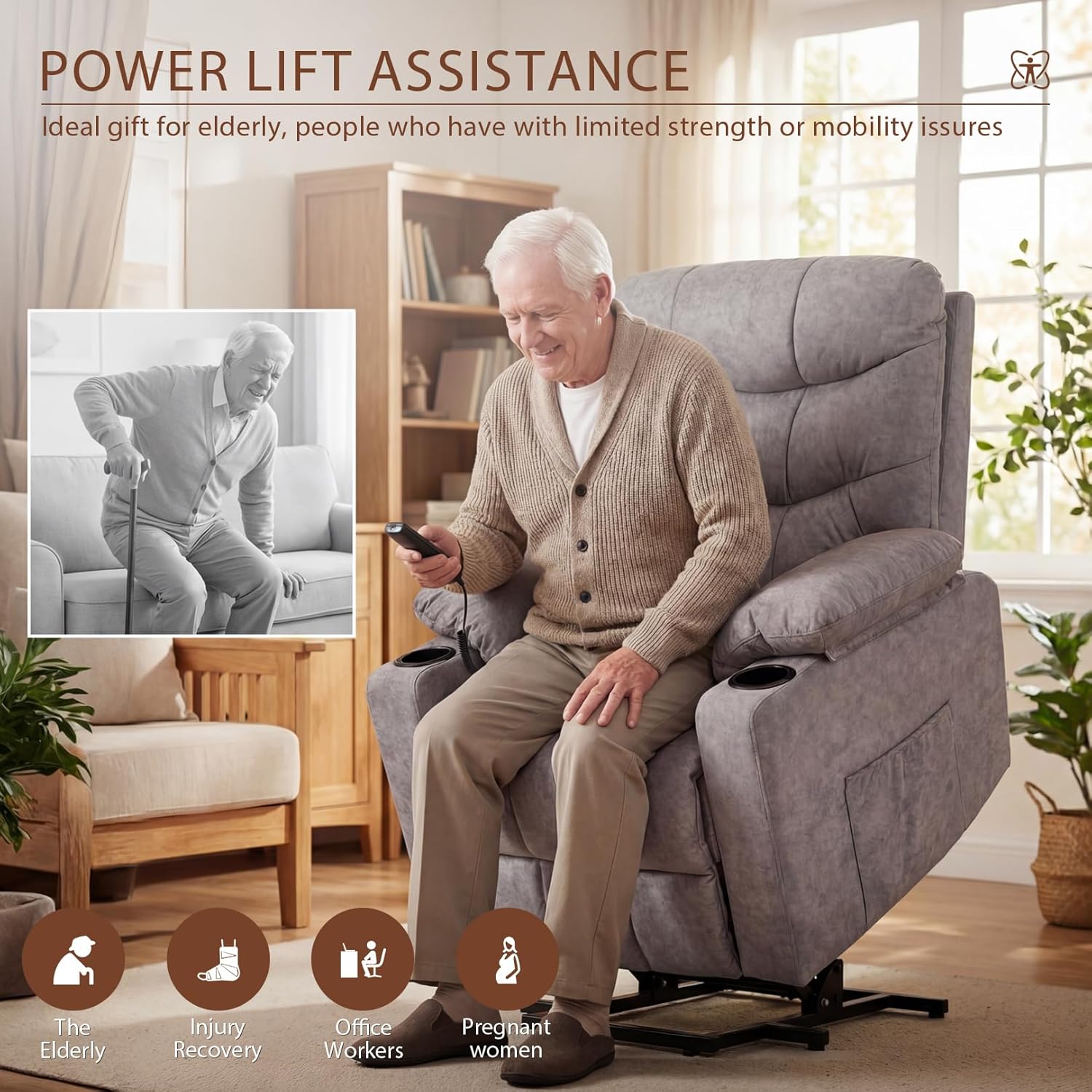 Power Lift Recliner Chair for Elderly with Heat & Massage, High-resilience Padding, Wide Back and Seat Reclining Sofa Chair with Cup Holders and Pockets, Easy Assembly and Operation (Light Gray)