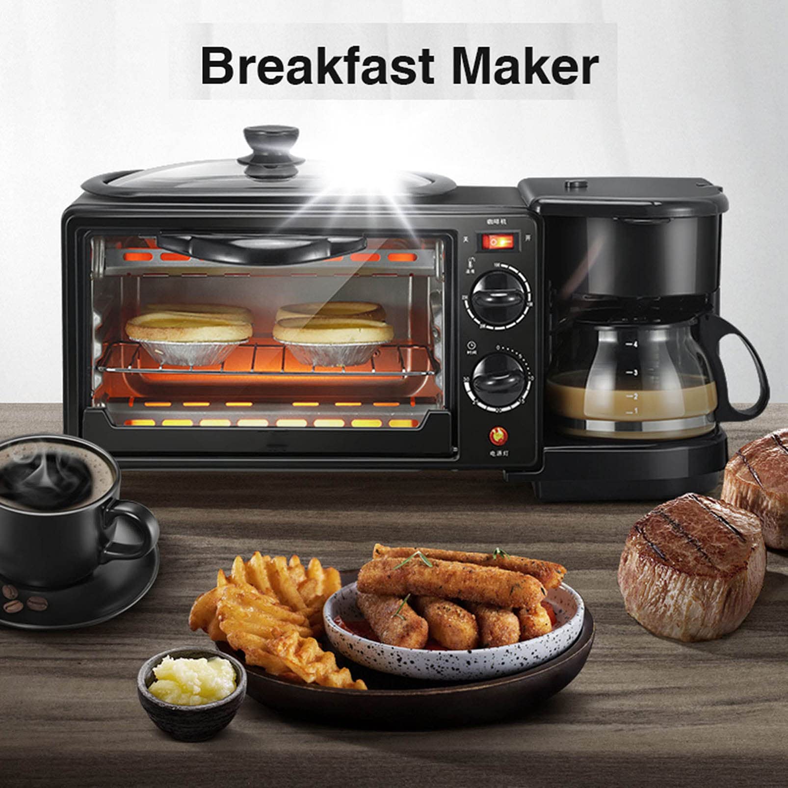 Pequeña máquina de Desayuno 4 en 1 Tamaño Familiar Estación de Desayuno eléctrica Máquina de sándwich Multifuncional Máquina de Desayuno Sartén Mini Horno Cafetera for Oficina en casa