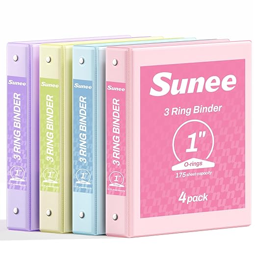 SUNEE 3 Ring Binder 1 Inch 4 Pack, Clear View 1" Binders Three Ring PVC-Free (Fit 8.5x11 Inches) for School or Office Supplies, Assorted Pastel