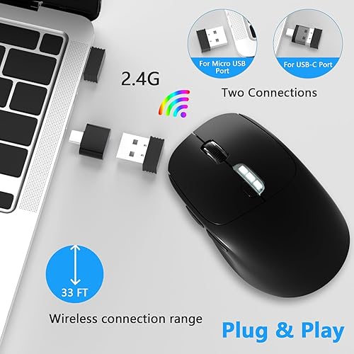 Miniatura 3 de ZXA Mouse inalámbrico para laptop, mouse ergonómico de 2.4 G con receptor USB y adaptador USB C, recargable para PC, tableta, laptop, Chromebook -