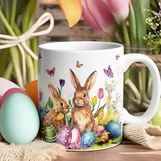 Whaline Easter Mug Ceramic Drinking Cup Watercolor Colorful Bunny Rabbit Egg Coffee Mug for Easter Spring Supplies Table Centerpieces, 12 Oz
