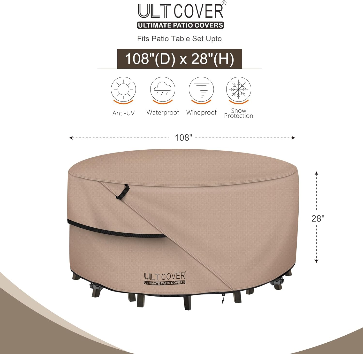 ULTCOVER Round Patio Furniture Cover - Outdoor Waterproof Table with Chair Set Cover 108 inch