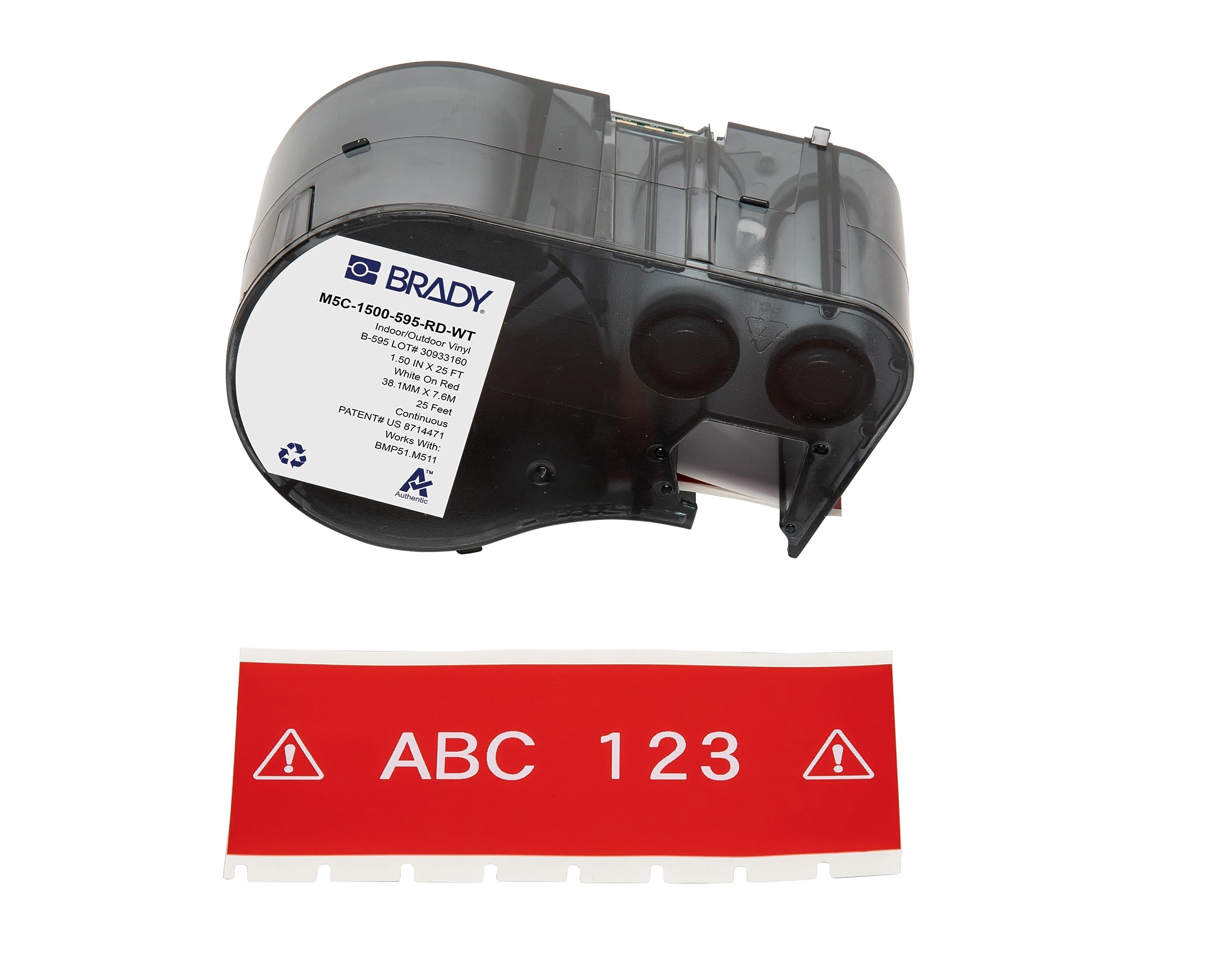 Brady Cinta de vinilo para impresoras de etiquetas BMP51/BMP53/M511 - Etiquetas adhesivas - Blanco sobre rojo (38,10 mm (an) x 7,62 m (l)) - M5C-1500-595-RD-WT