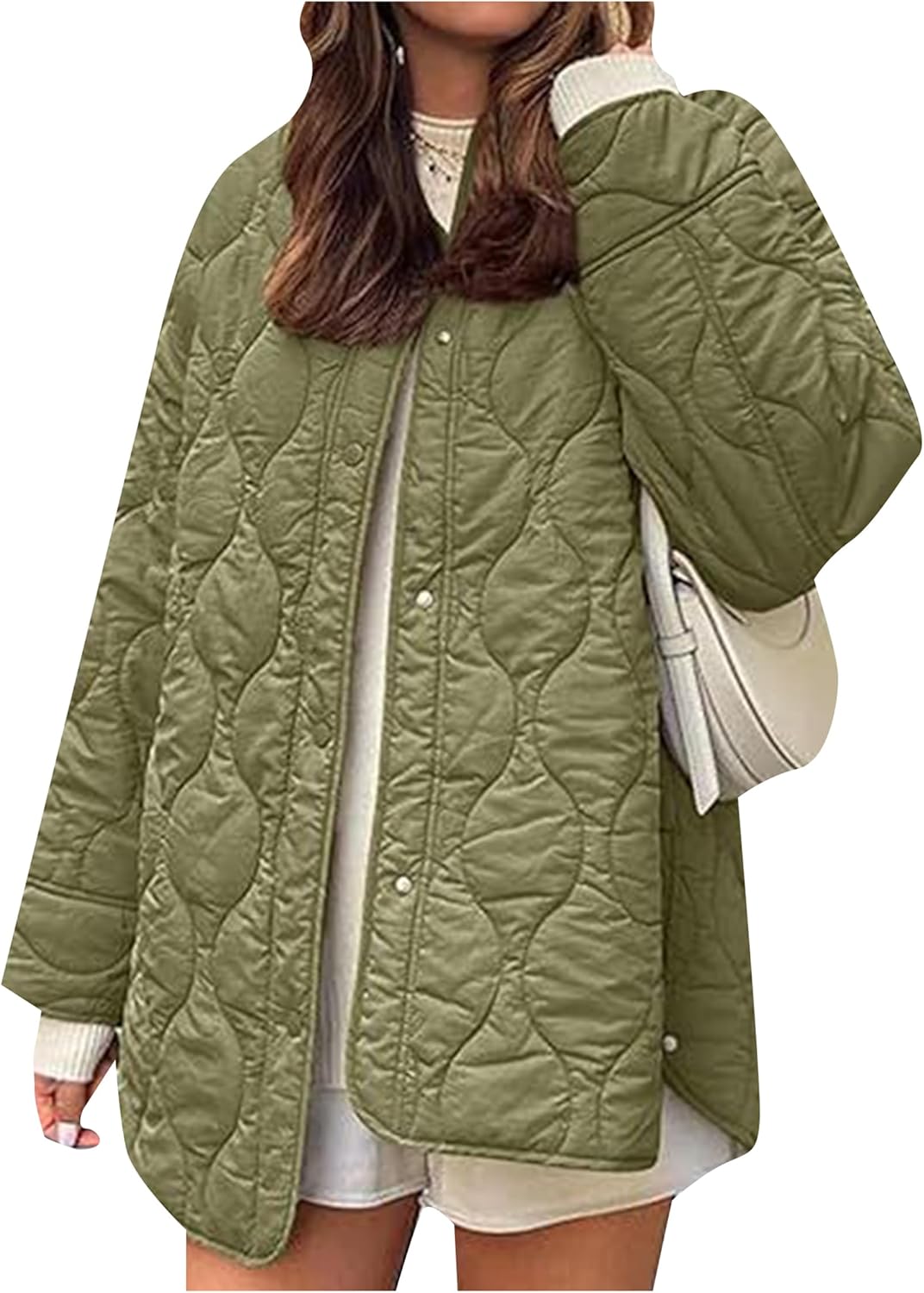 WIWIQS Women Quilted Jacket Padded Oversized Long Sleeve Coat Lightweight Warm Puffer Jackets with Pocket
