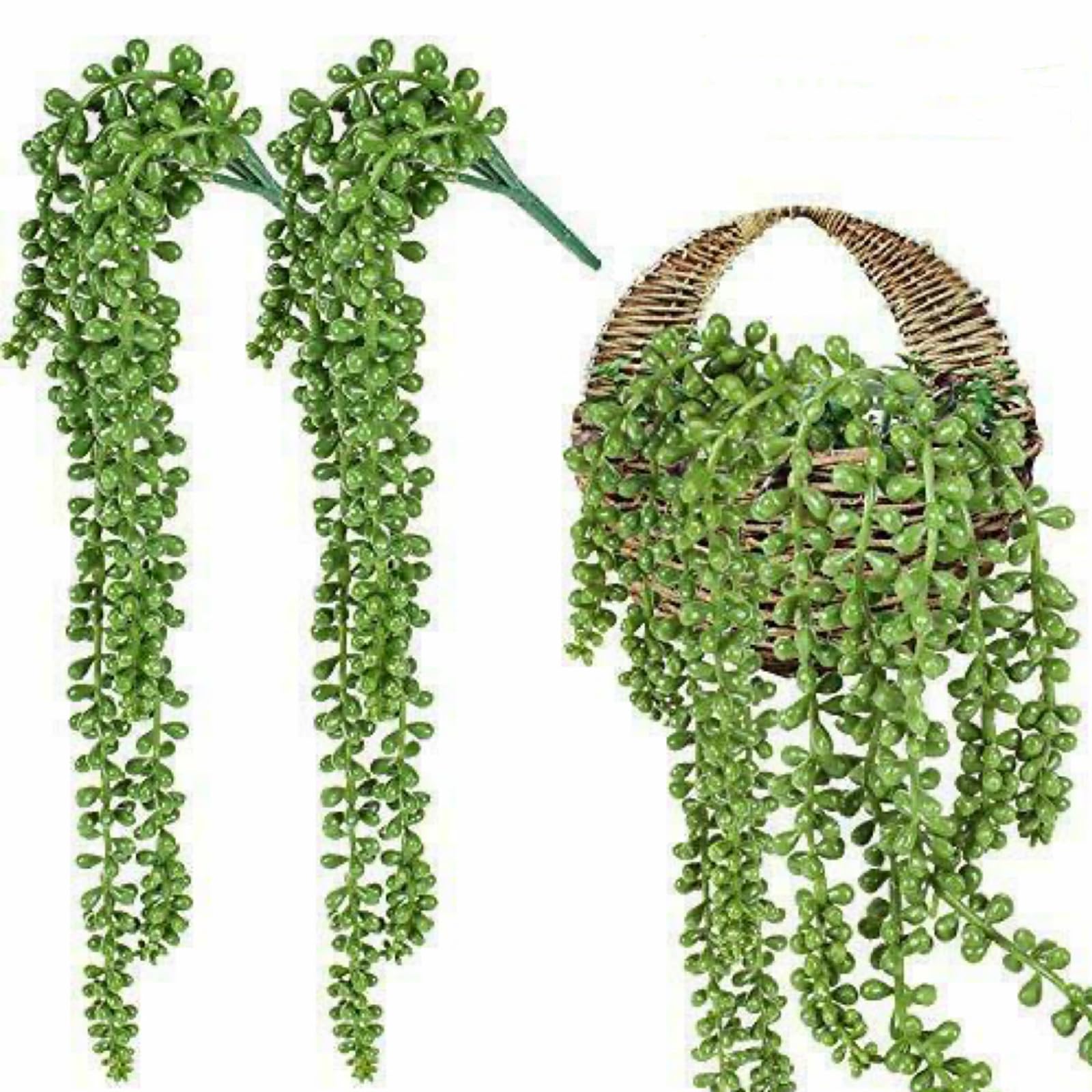 Mgoodoo 2pcs Fake Hanging Plants,Artificial Hanging Potted String of Pearls Succulent Plants Green Small Faux Plants for Indoor Outdoor Shelf Wall Decor