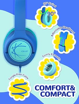 iClever Kids Headphones with Cord, 85dBA Safe Volume Wired Headphones for Kids, Stereo Sound Foldable Adjustable, 3.5mm Jack, Over Ear Child Headphone for School/Boys/Girls/iPad/Tablet/Travel, Blue