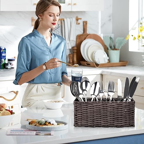 Miniatura 5 de Ayiaren Cubertería de mimbre para cubiertos, soporte para utensilios de cocina marrón para encimera, organizador de cubiertos, contenedores de