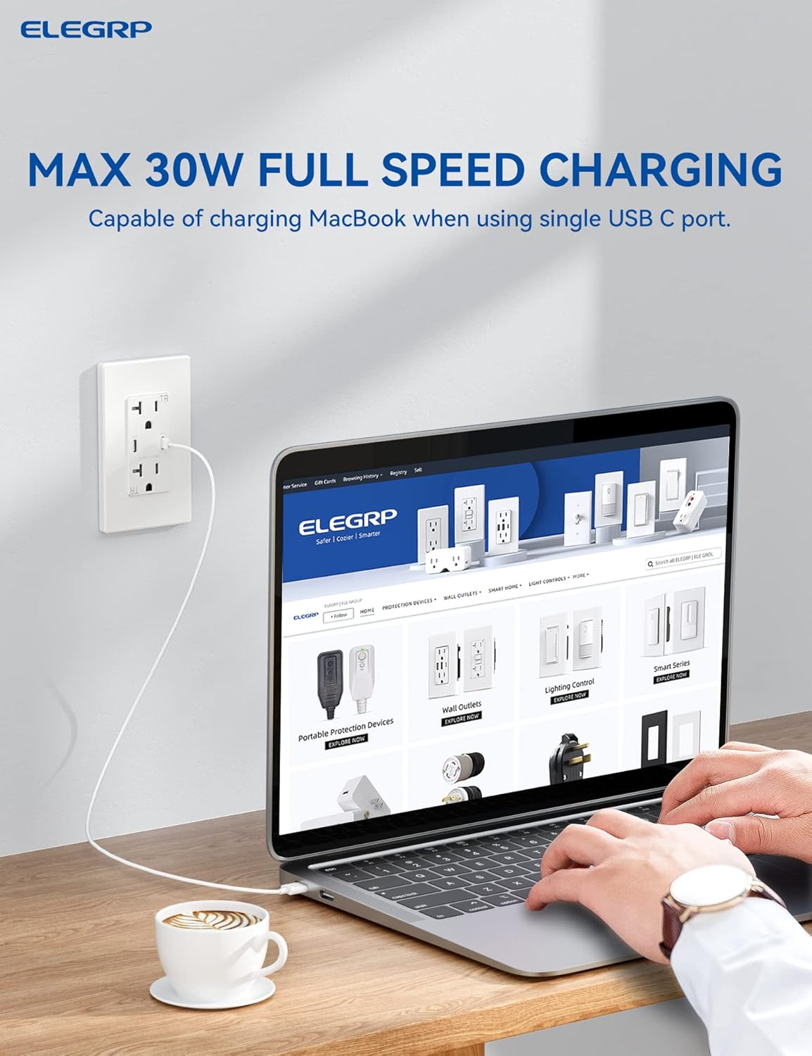 ELEGRP USB Outlet Receptacle, 30W Fast Charge & Power Delivery USB C Wall Outlet, 20 Amp Wall Outlet with USB C Ports, Tamper Resistant, UL Listed, Wall Plate Included, 1 Pack, Matte White