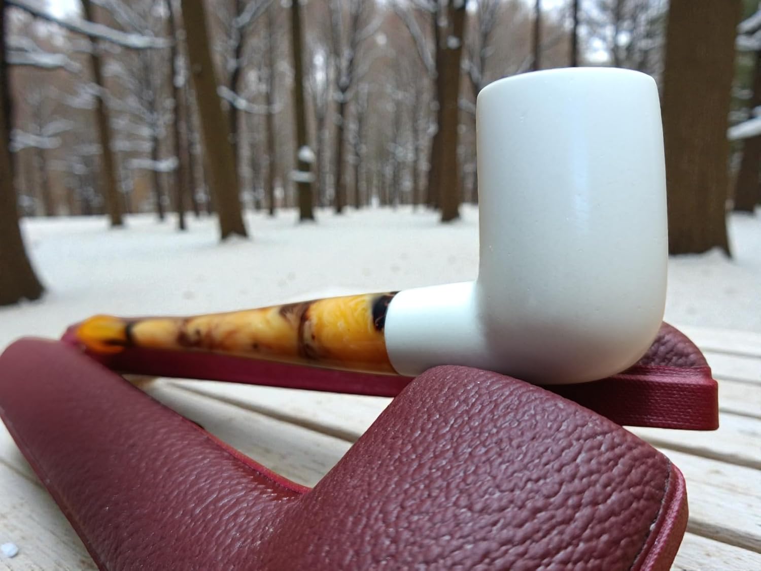 Block Meerschaum Ivory Amber Pipe with Fitted Case, 130mm Length, Smooth Finish, Natural Patina Development