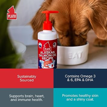 PLATO Wild Alaskan Salmon Oil Kibble Topper - Boost Dog Food with Omega 3 & 6 Fatty Acids - For Healthy Skin & Coat - 32 ounces