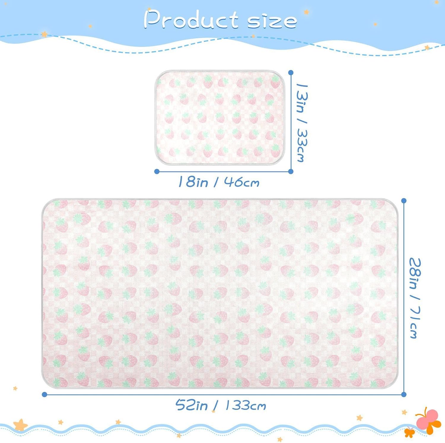 Baby Cooling Mat Pastel Color Strawberry Ice Silk Breathable Mesh Summer Crib Mattress Pad with Pillowcase, Soft Cooling Sleeping Surface for Infant & Toddler, 52"x28"
