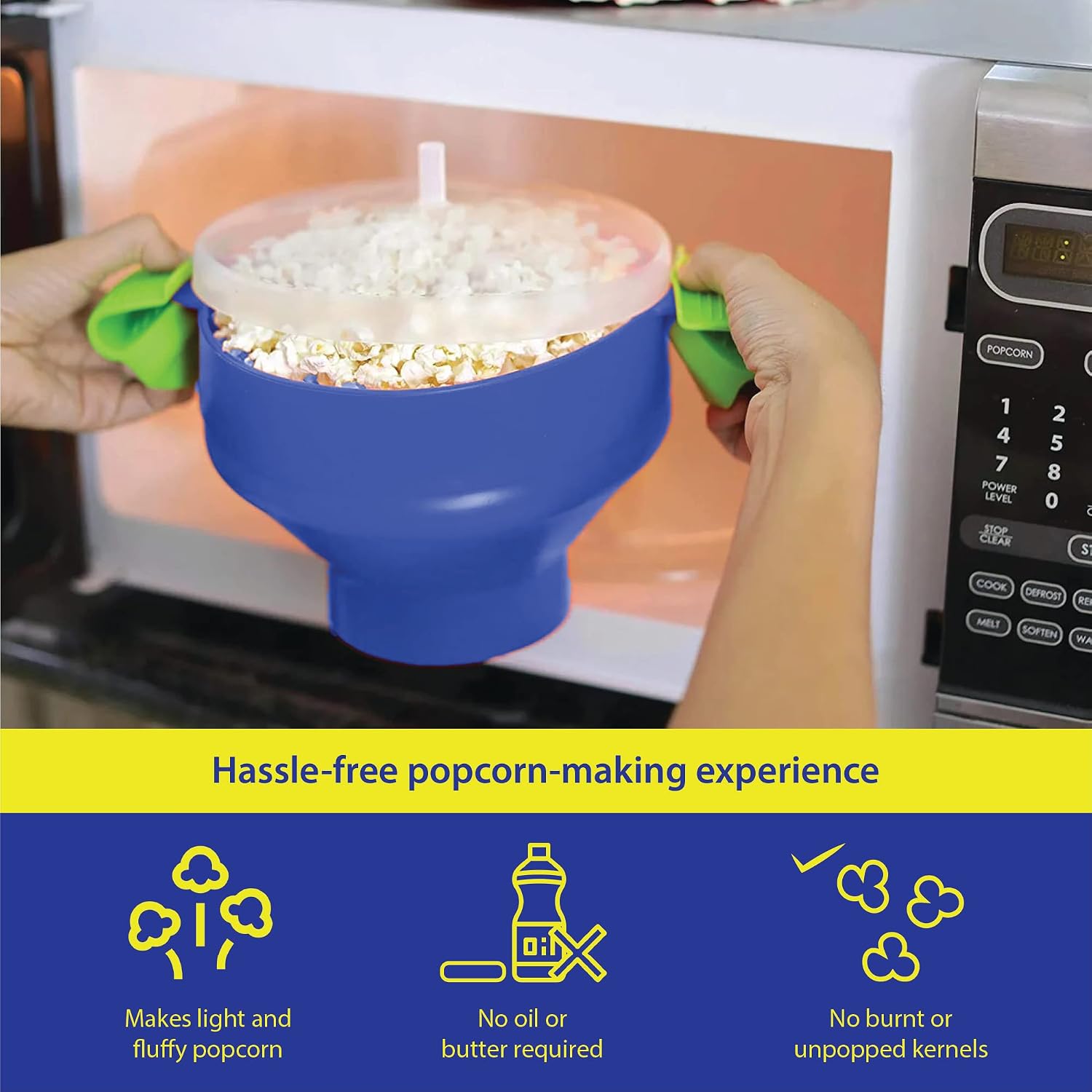 Gadgetime USA Microwave Popcorn Popper with Lids - Silicone - No Oil or Butter Required - Collapsible Bowls - BPA-Free - Movie Night Supplies - Blue