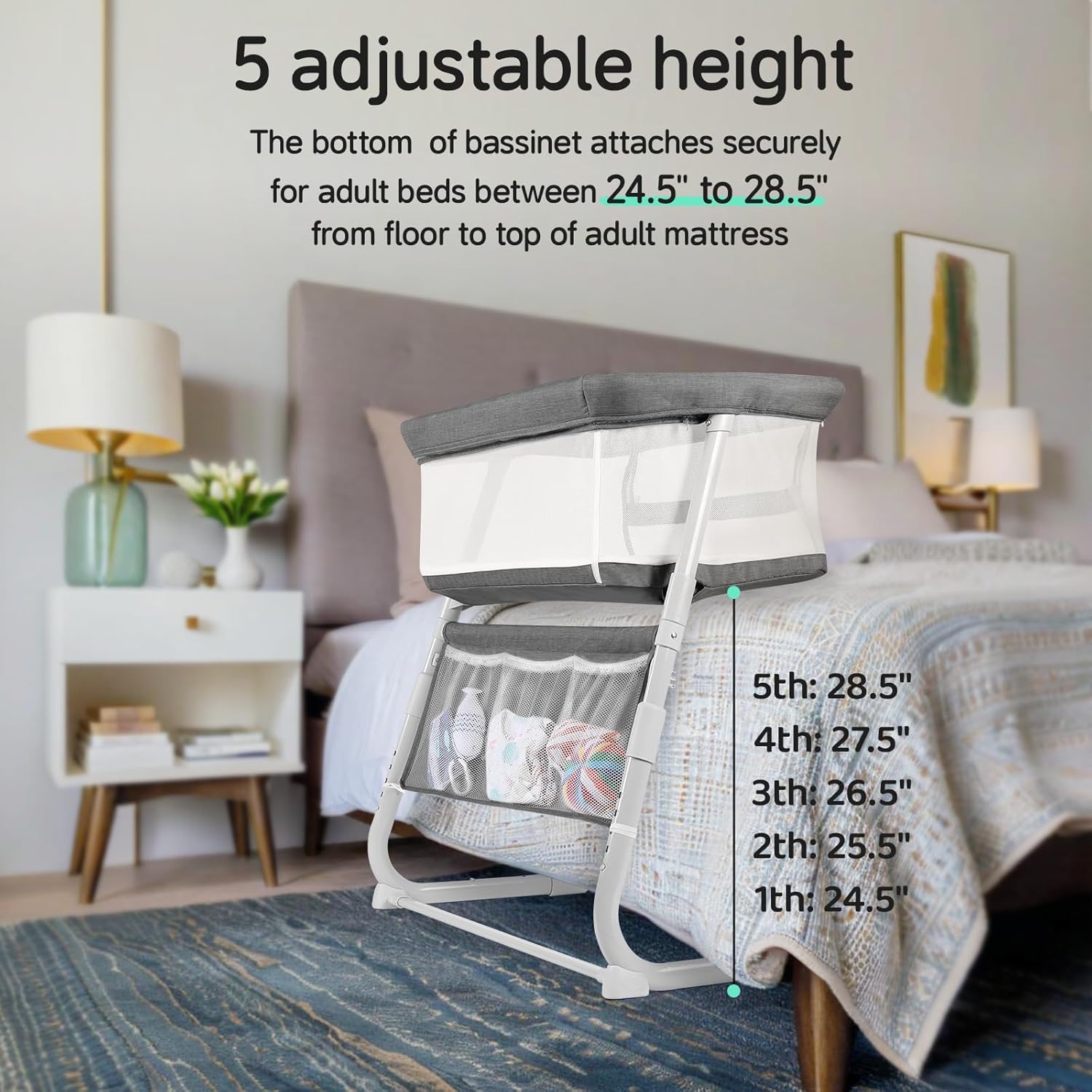 Cowiewie Bassinet Bedside Sleeper,Baby Bassinet Slides Over Bed,5-Height Adjustment & Breathable All-Mesh Wall Bedside Bassinet for Baby,Space-Saving Bedside Crib, Height(37.4-41.3"), Dark Grey