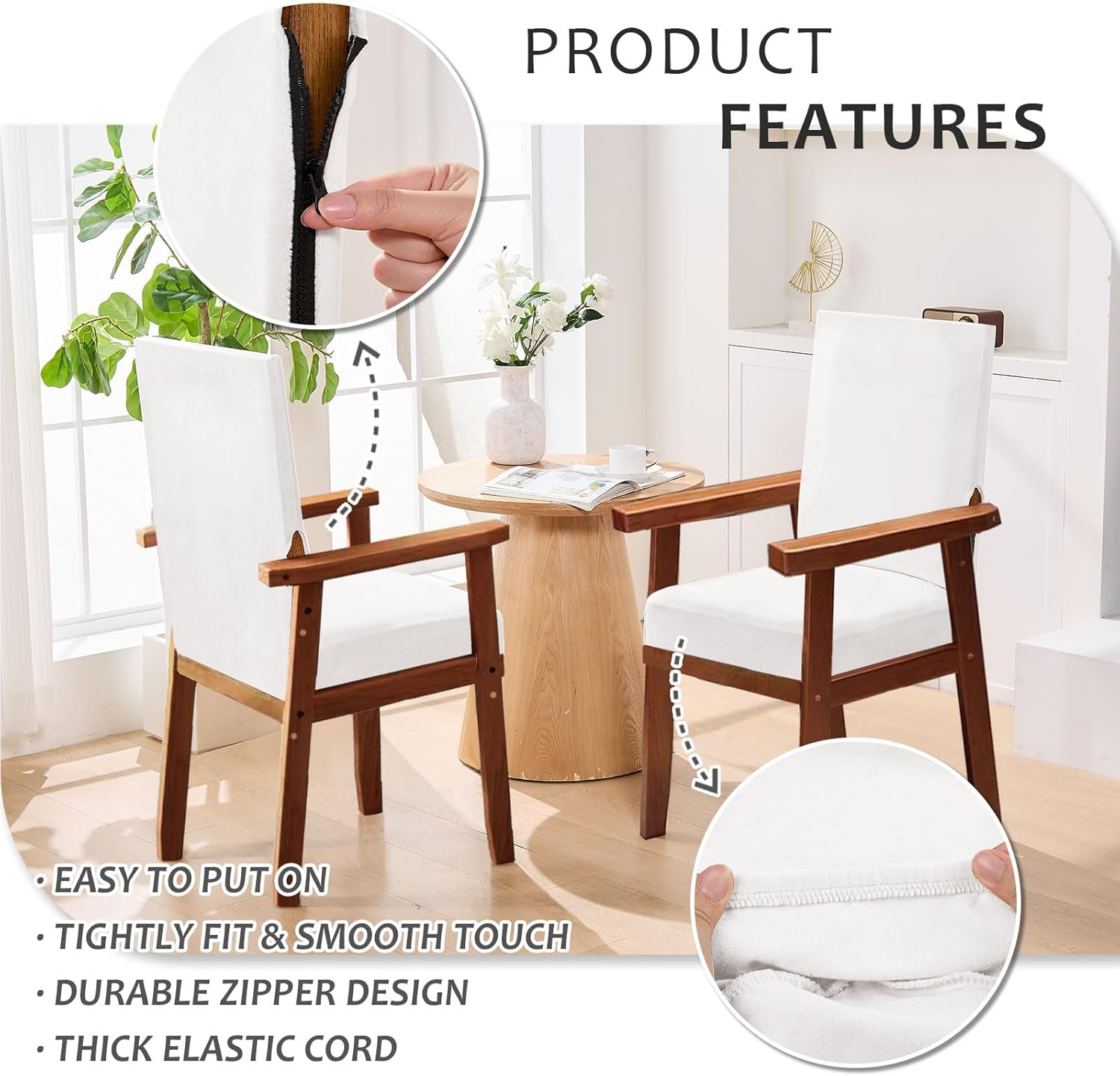 NICEEC White Spandex Arm Chair Covers for Dining Chairs Super Soft Chair Covers Armchair Easy Fit Chair Cover Set of 2 Washable Chair Protector with Zipper for Kitchen Wedding Party Living Room