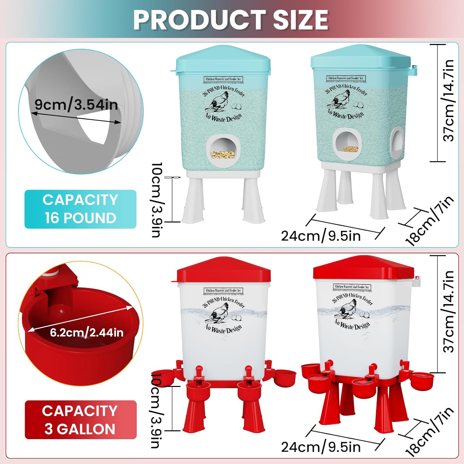 Automatic Chicken Feeder and Chicken Waterer Set with Float Valve, 3 Gallon Chick Feeder Coop Poultry Waterer with Nipples and Feeding Ports No Waste,Standing/Hanging Use, Chicken Coop Accessories