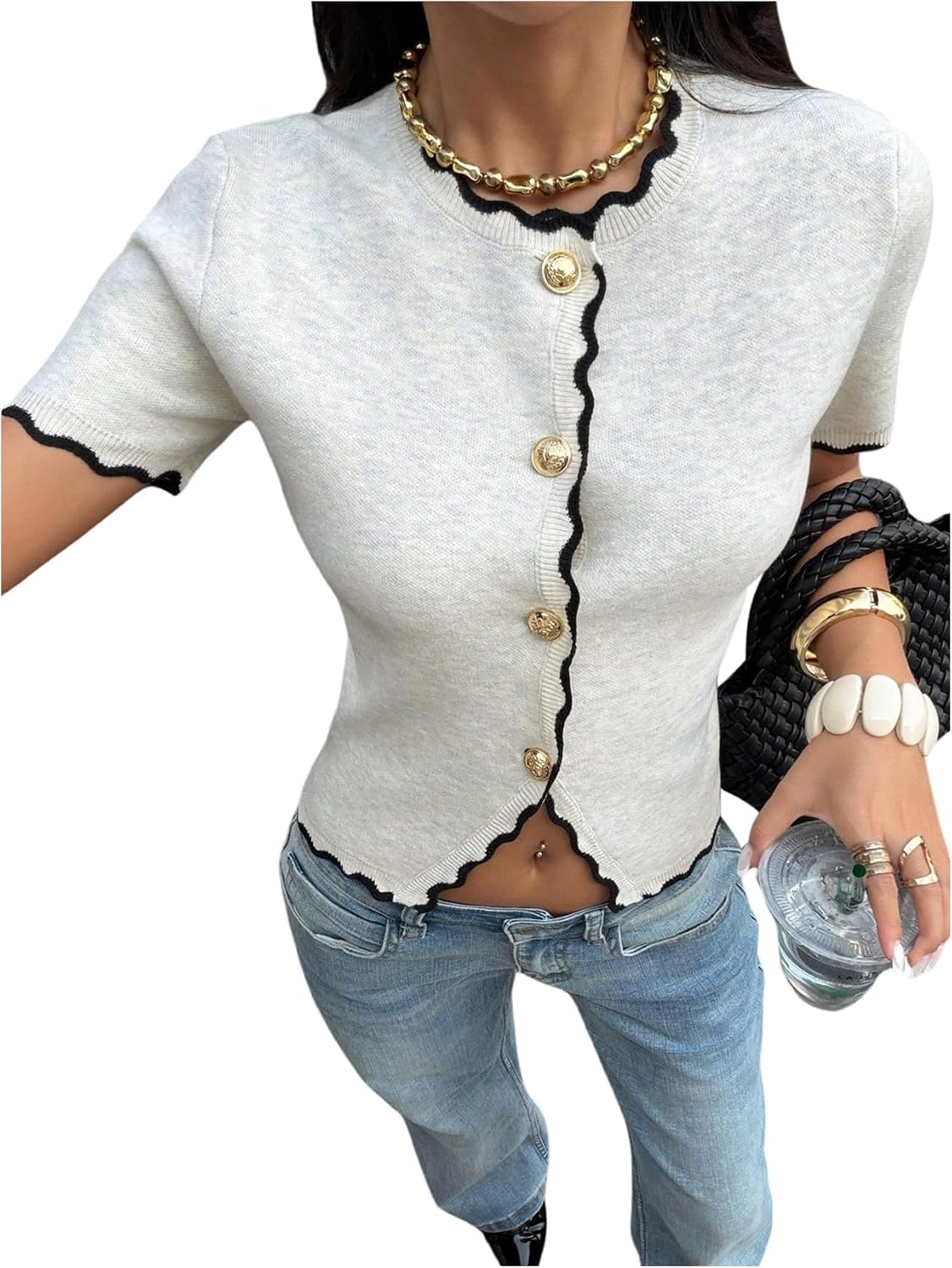 SHENHE Women's Short Sleeve Sweater Cardigan Gold Button Up Ruffle Trim Crewneck Dressy Knit Top Summer Sweater