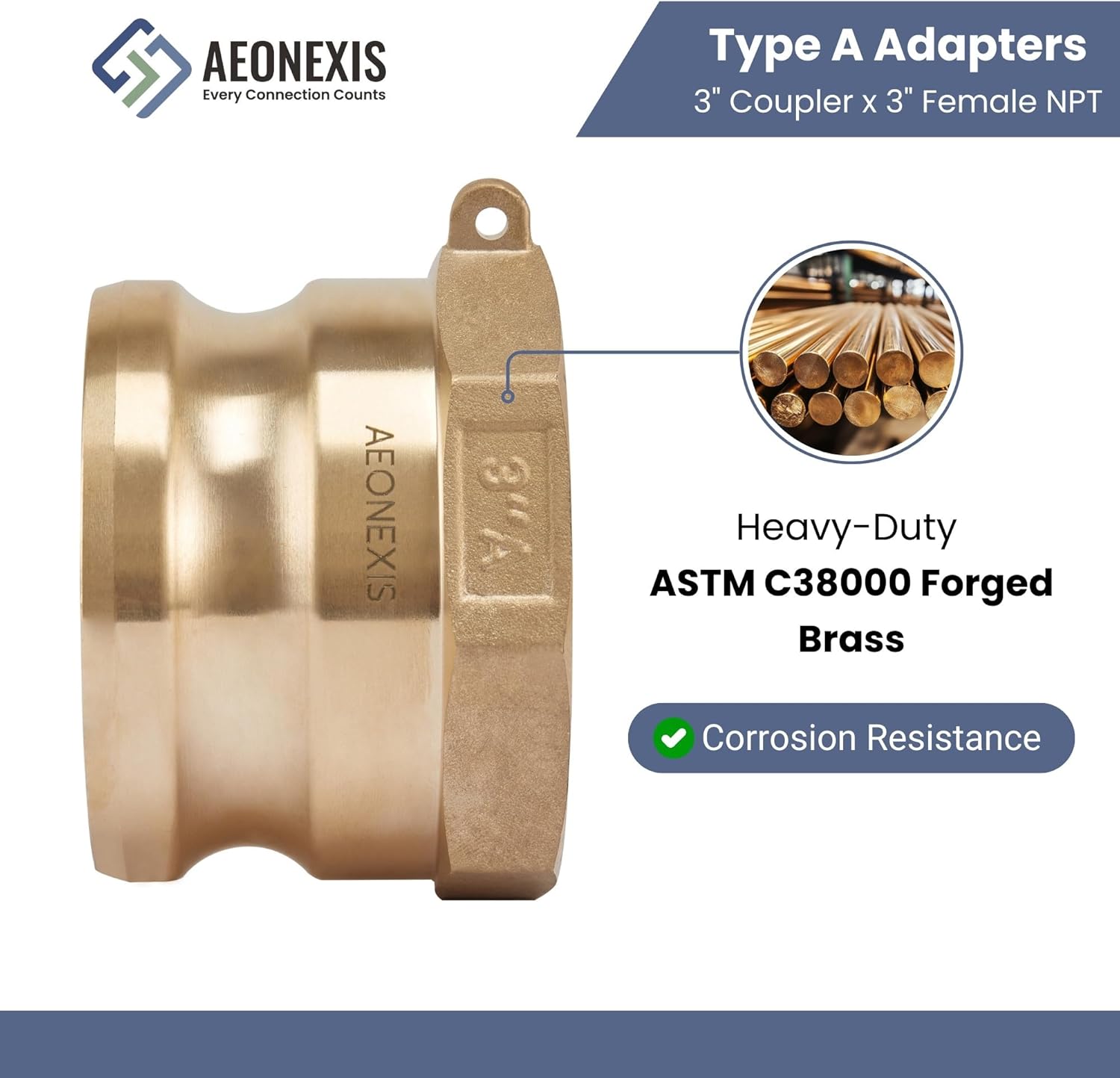 3" Camlock Fittings Type A - Heavy-Duty Forged Brass ASTM C38000, Cam Lock Corrosion-Resistant Adapter x Female NPT for Water/Oil Flow Systems