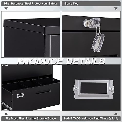 Miniatura 6 de Yizosh Archivador negro de 2 cajones con cerradura, archivador para oficina en casa, gabinete de almacenamiento de archivos de oficina con cierre de