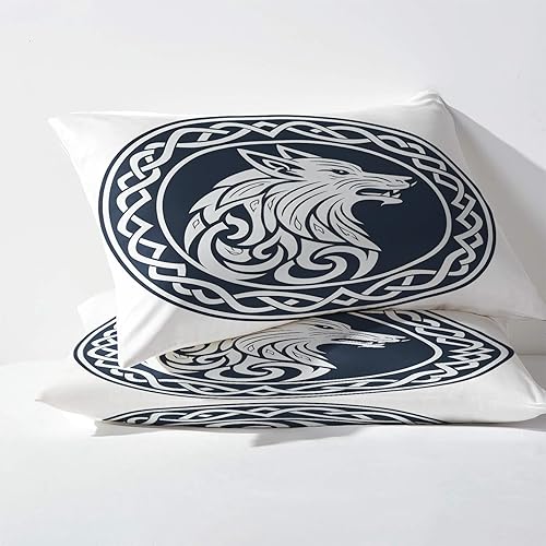 Miniatura 3 de Viking Sábanas tamaño King, sábanas de lobo, sábanas y fundas de almohada estampadas de 4 piezas, sábana bajera ajustable de microfibra suave con