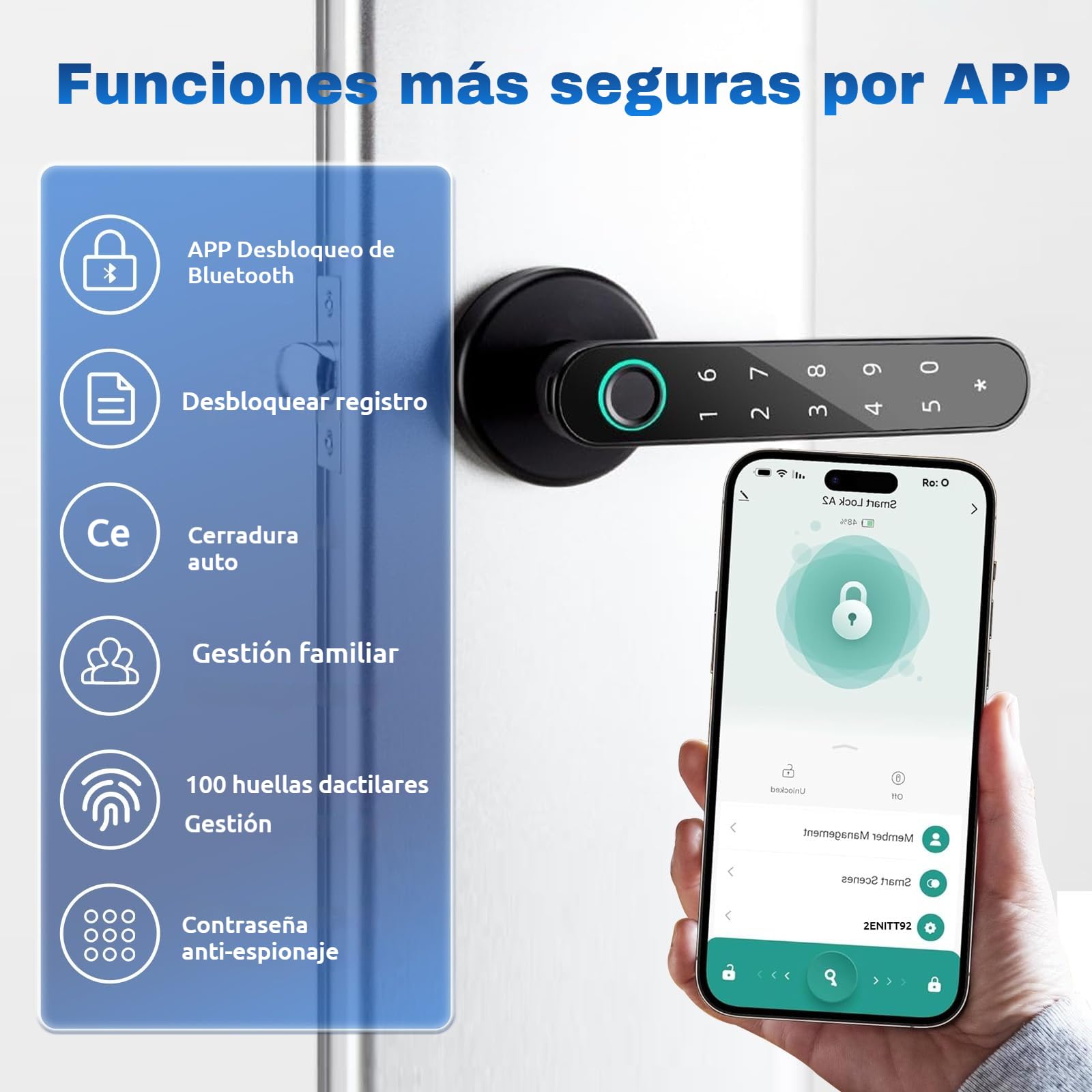 Cerradura Inteligente de Huellas Dactilares,6 en 1 Cerradura Electronica,Tuya App,IC Card, NFC, Huellas Dactilares,Contraseña Digital,Llave Mecánica