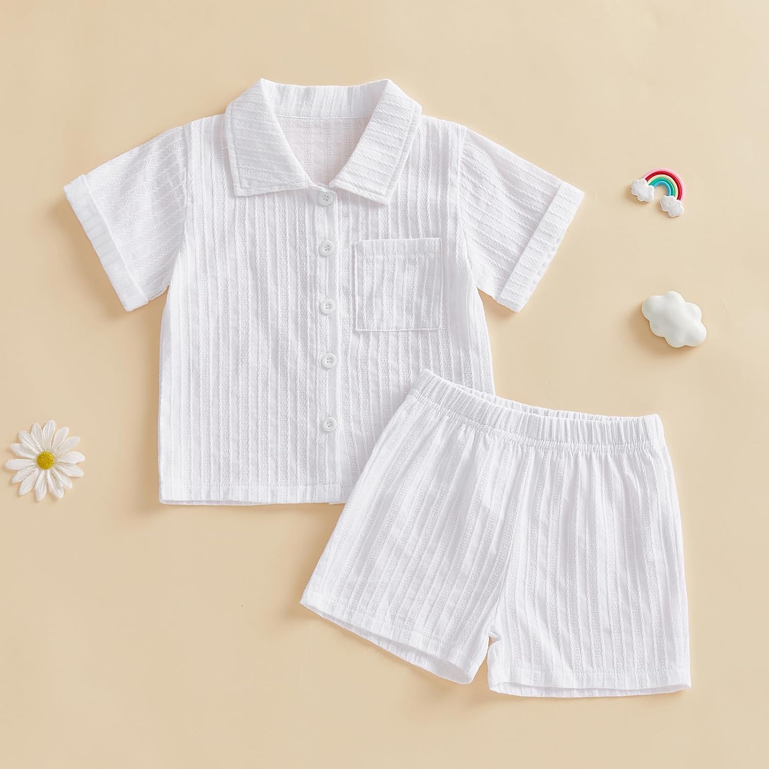Baby Boys Clothes Set 2Pcs Toddler Infant Button-down Shirt Tops Jacquard Shorts Cotton Solid Summer Outfit With Pockets