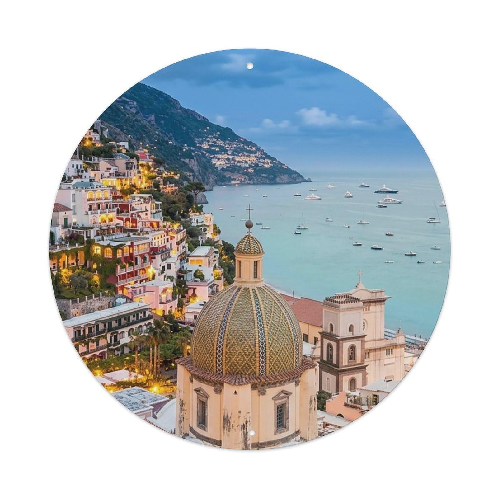 Positano Italy Badge Destination Scenery Landmark City Metal Tin Sign Plaque Wall Decor for Cafe, Man Cave, Club Bar, Office, Home Garden Round Metal Poster 8x8Inch