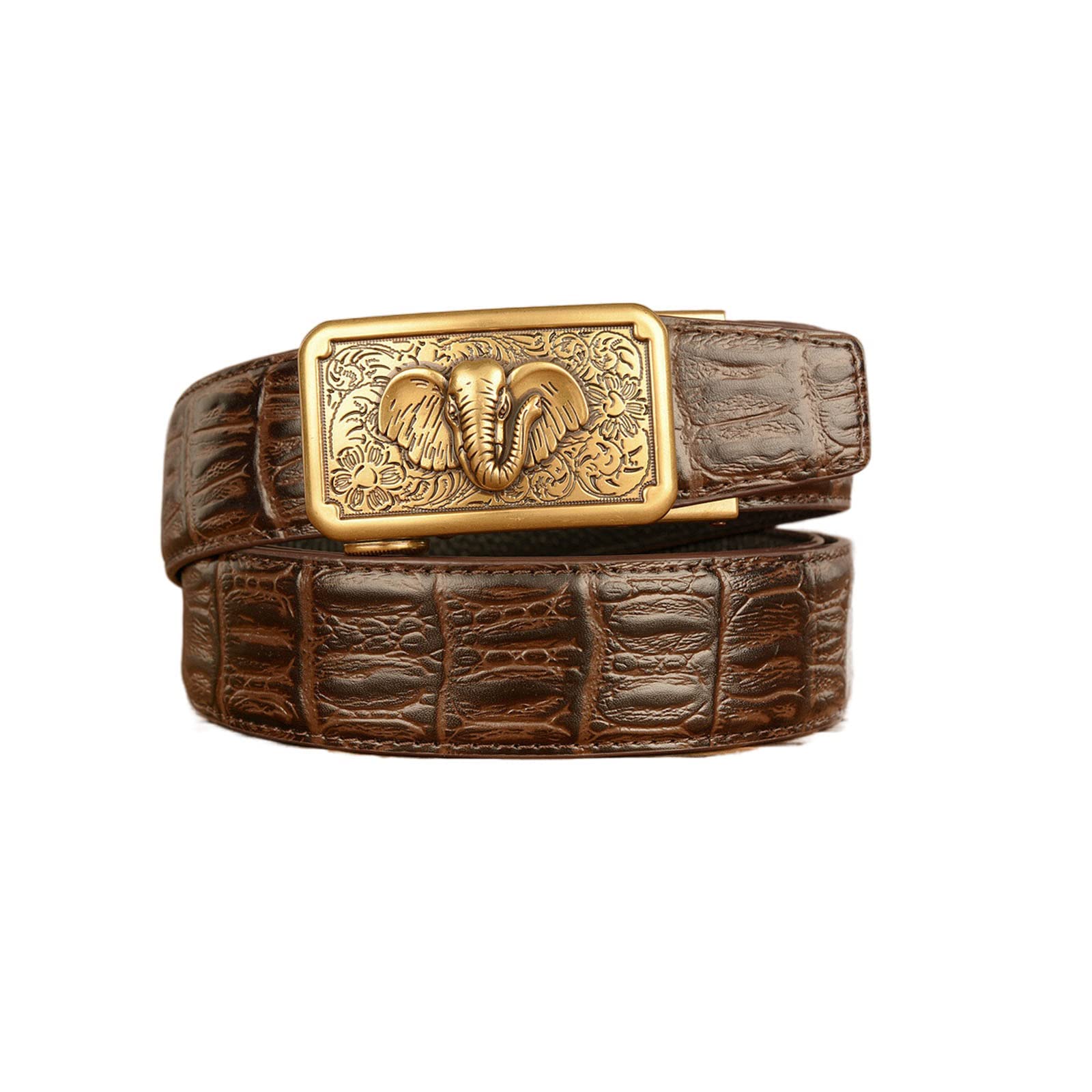 RGWYGCG Western cowboy pure copper buckle belt, men's small elephant head buckle leather youth pure cowhide belt men's personality jeans belt,Brown,120CM/47.3''