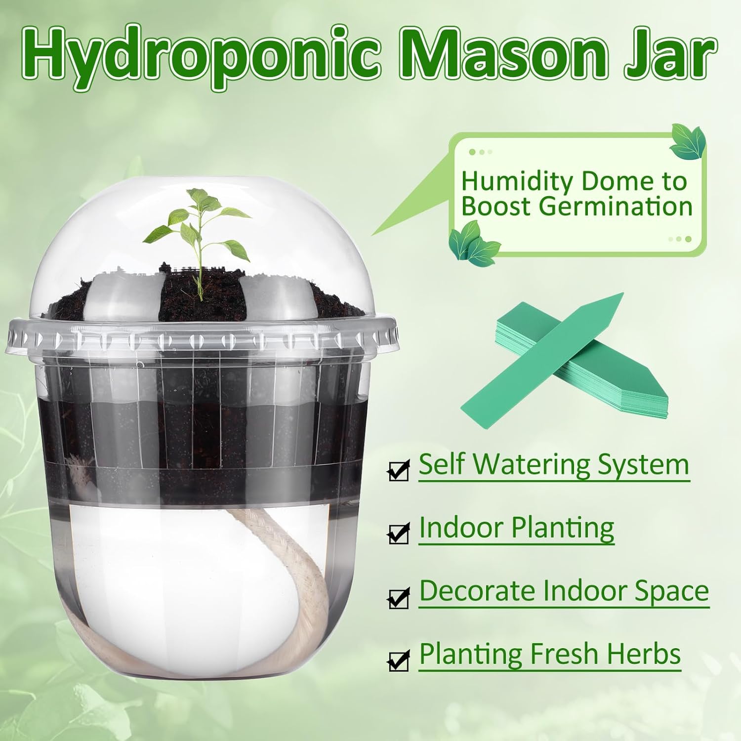 50 Pcs 3.3 Inches Clear Self Watering Seed Starter Pots with Humidity Dome Inner Cup Planter Plastic Baskets Bulk with 50 Plant Labels Water Absorbing Wicks for Indoor Outdoor Plants