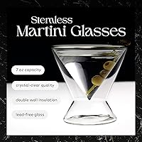 Vista 2 de Dragon Glassware Vasos de Martini sin tallo, juego de 2 vasos transparentes de 7 onzas, juego de vasos de cóctel con aislamiento de doble pared