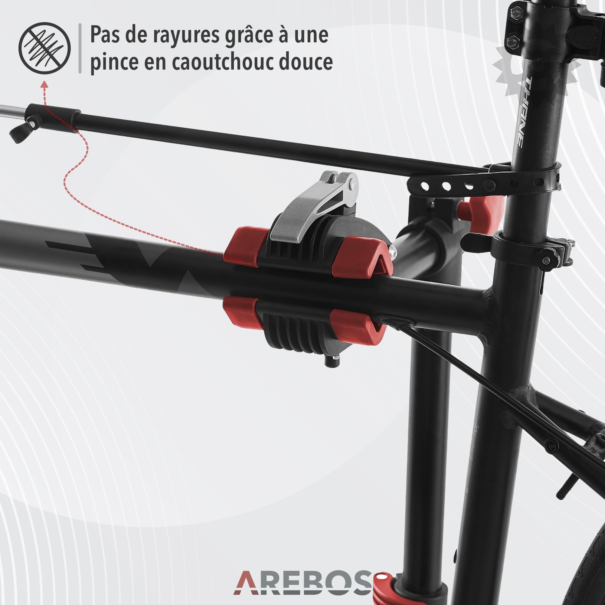 AREBOS Support de Montage Professionnel pour Vélo | Pour VTT et Vélo Électrique | Rotatif 360° avec Dispositifs de Libération Rapide | Support Charges Lourdes + Sac | Noir/Rouge