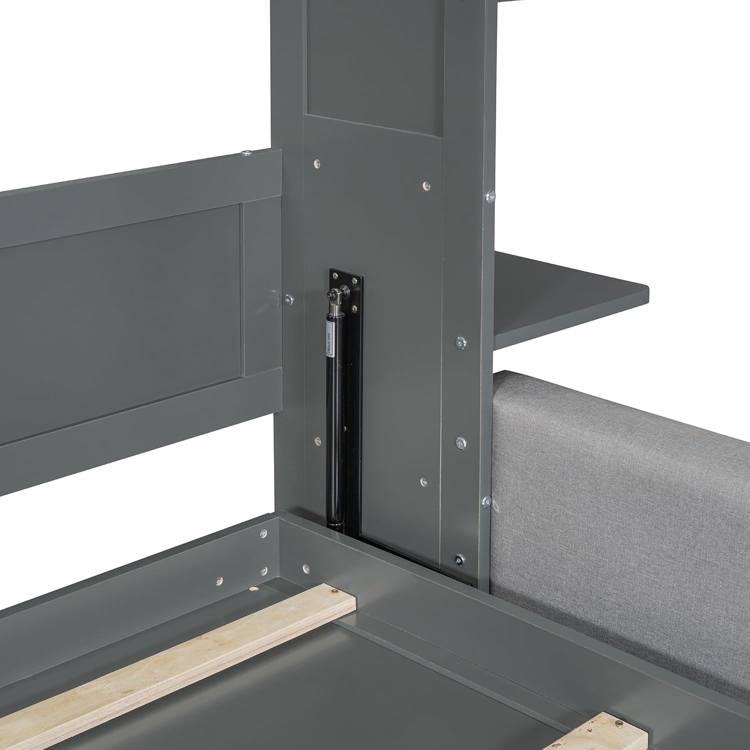 Detailní view of the dual-piston metal folding mechanism, essential for smooth operation of the Murphy bed.