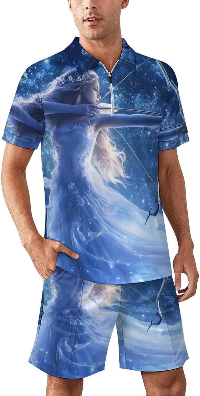 Zodiac Sagittarius Woman Mens Polo Shirts Track Suits 2 Piece Short Sleeve Sweatsuit 1/4 Zip Golf Loungewear for Sports