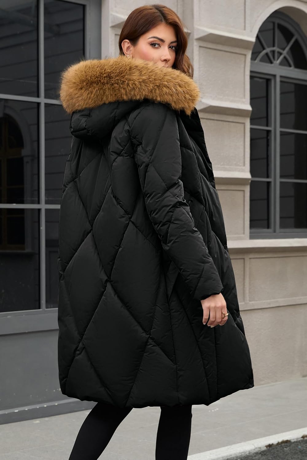 PAPILLON D'OR WEAR YOUR WINGS Women's Long Puffer Coat - Detachable Faux Fur Collar Diamond Quilted Winter Jacket - Image 6